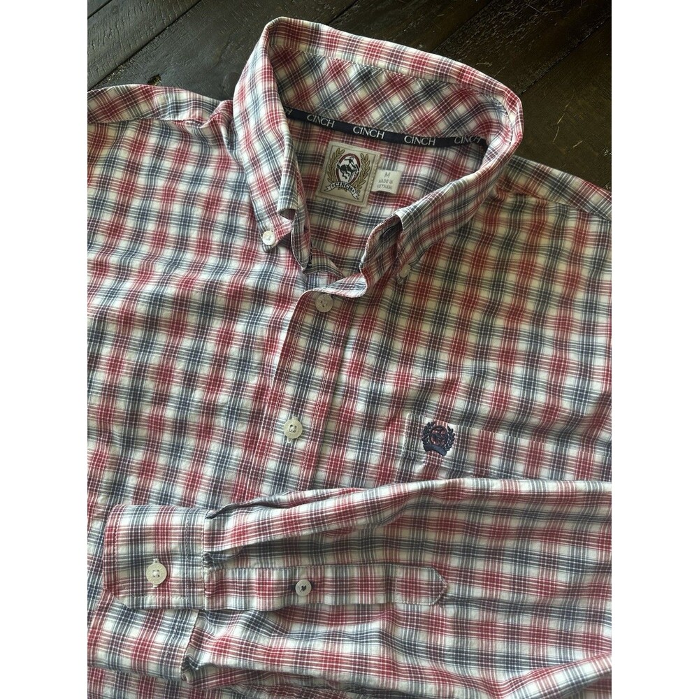 Cinch Shirt Mens Medium Red Blue White Plaid Button Down Long Sleeve Western